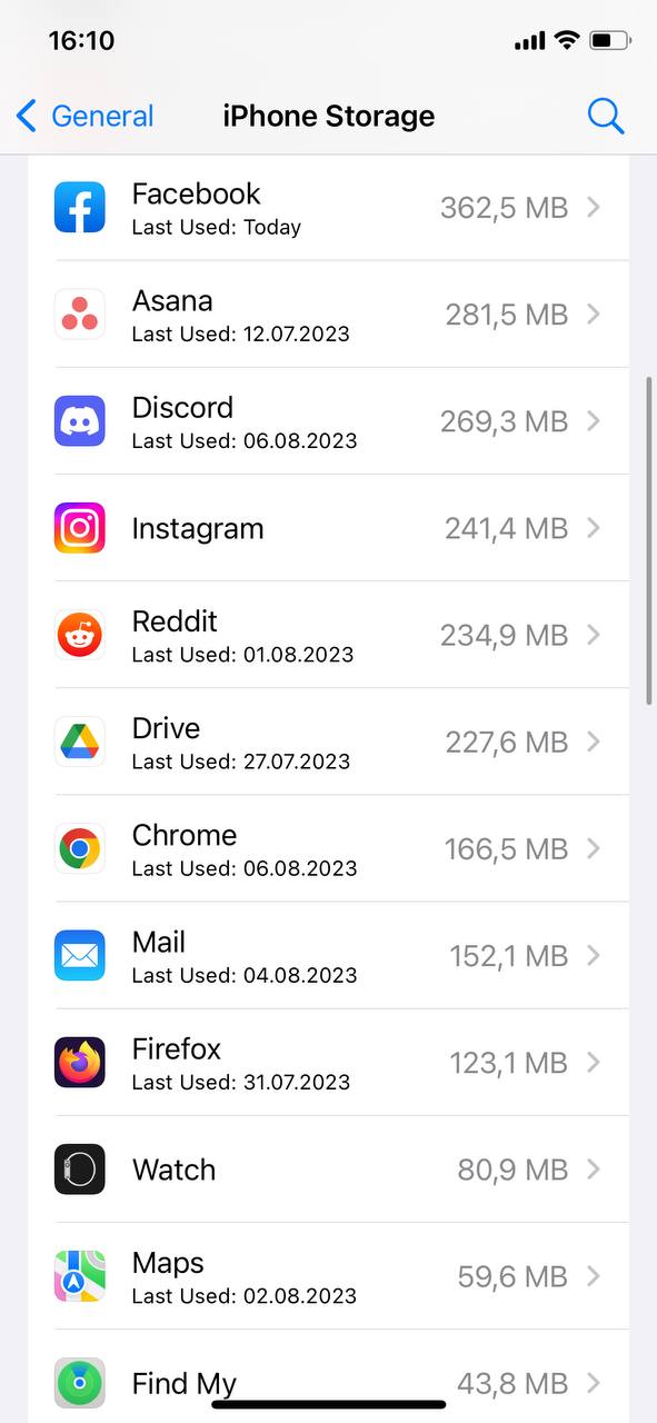 the list of apps and their storage usage
